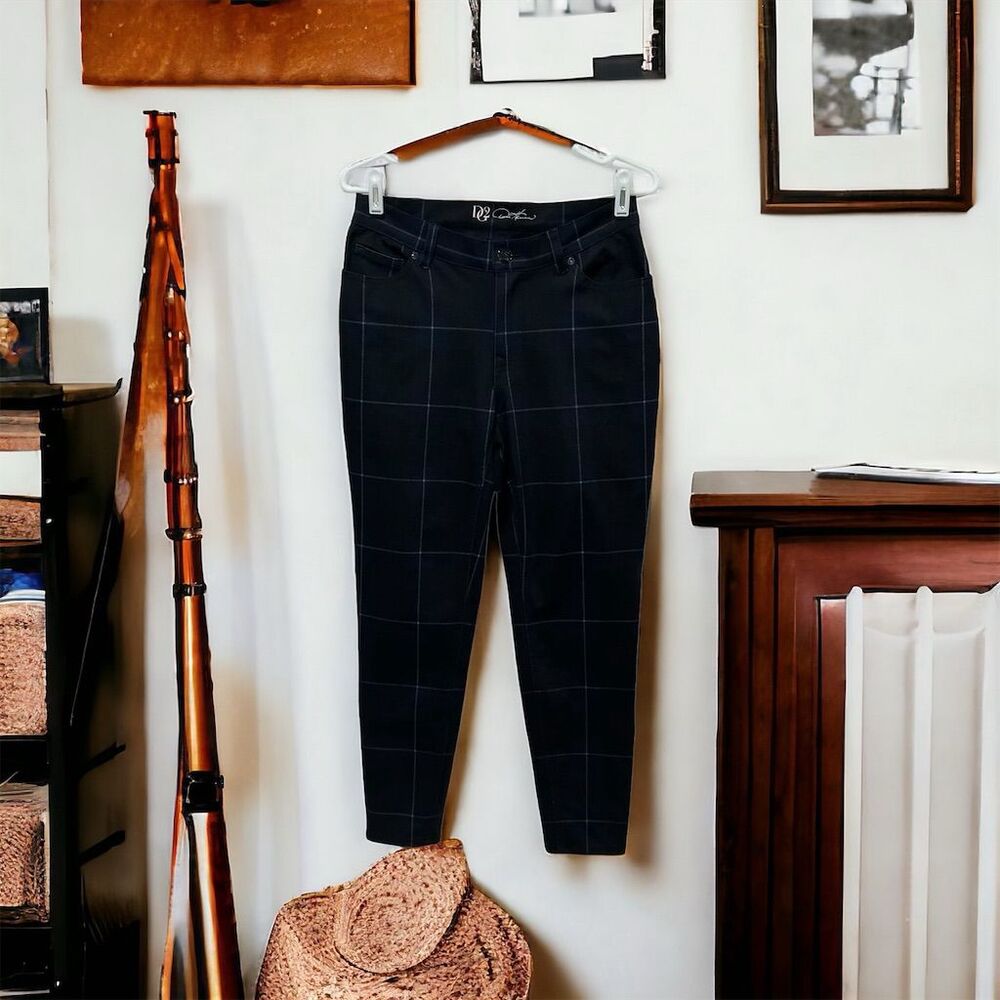 DG2 Womens Plaid Straight Leg‎ Stretch Pants Petite Small Black Office Casual